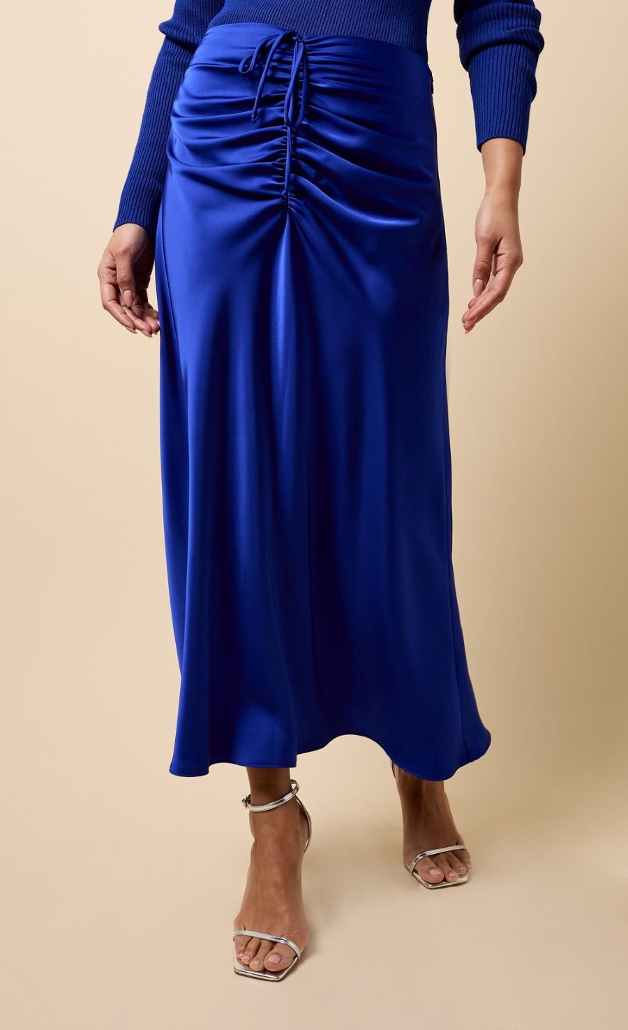 Little Mistress Cobalt Blue Gathered Detail Satin Midaxi Skirt