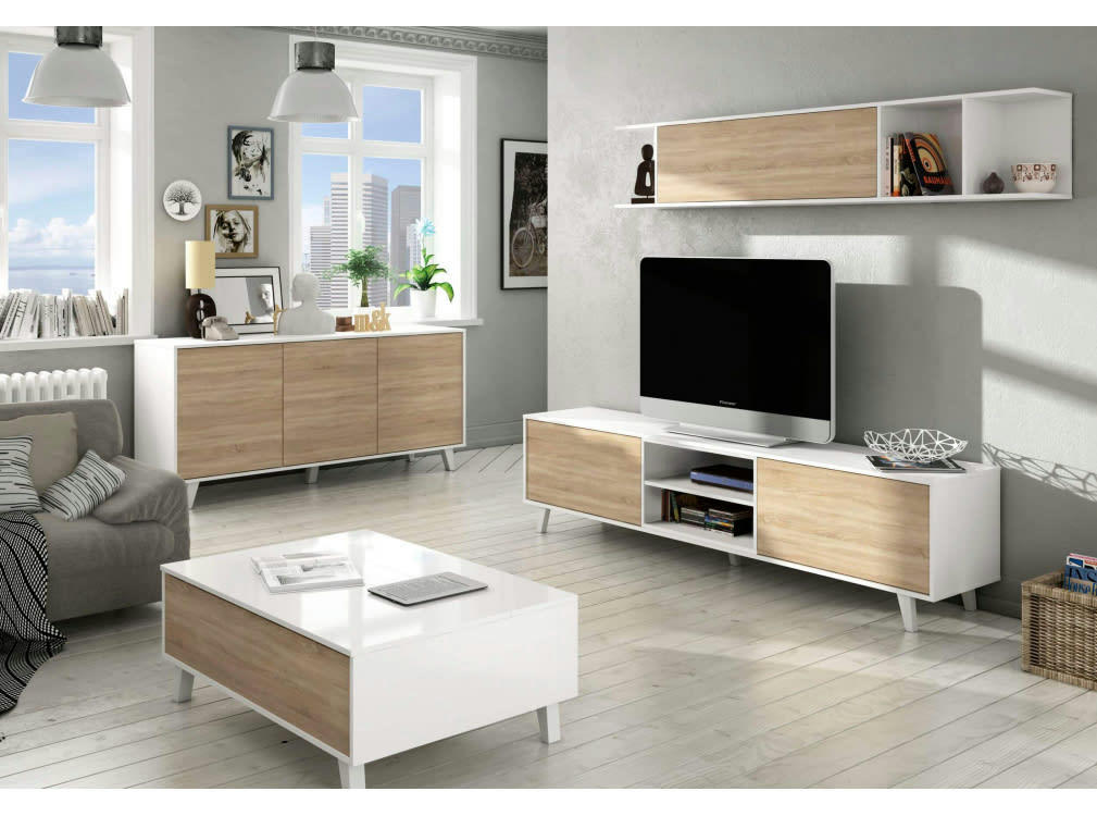 ABBY - Buffet scandinave blanc/bois 3 portes L154cm