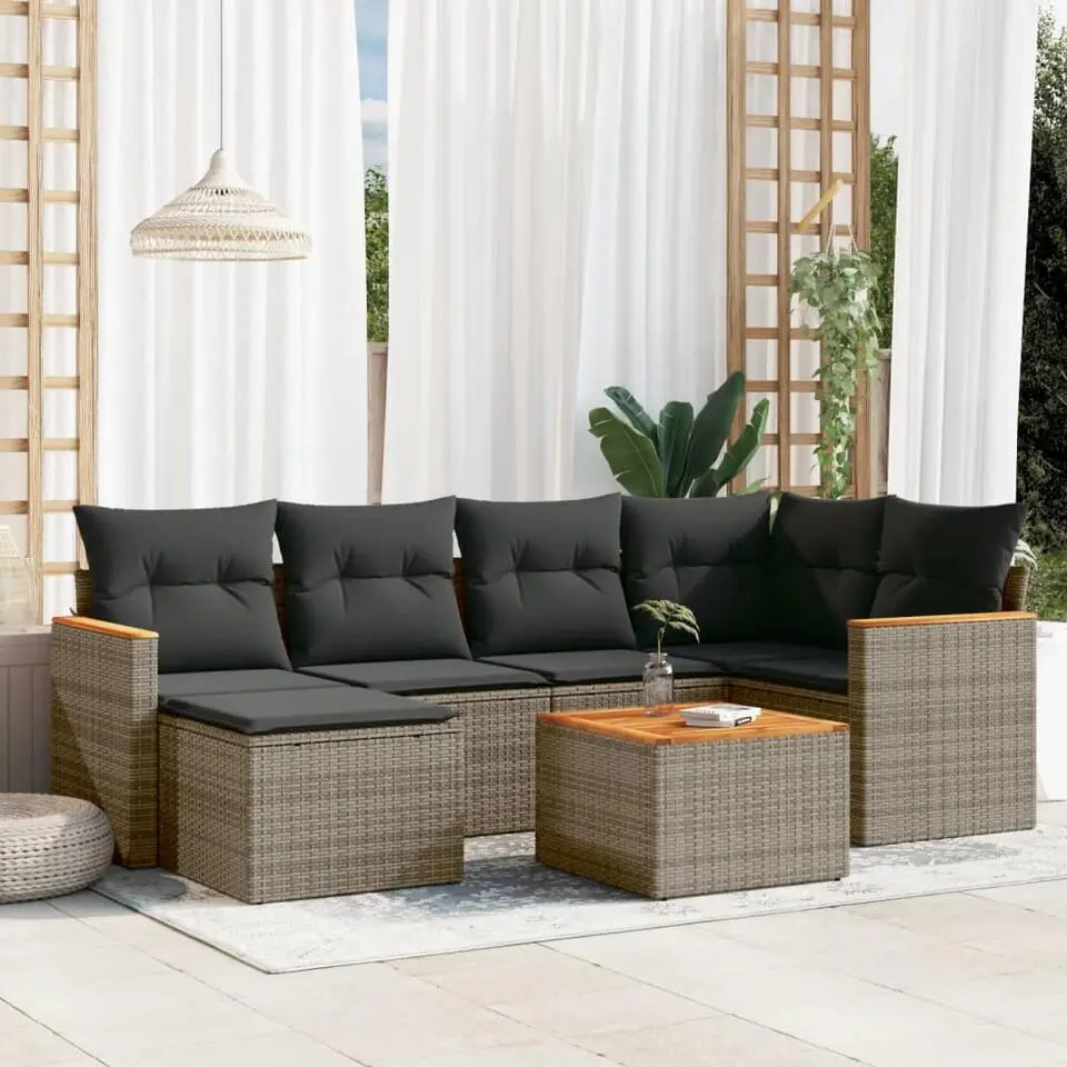 vidaXL 7-delige Loungeset voor 6 met kussens & kruk - Gris - Poly rattan