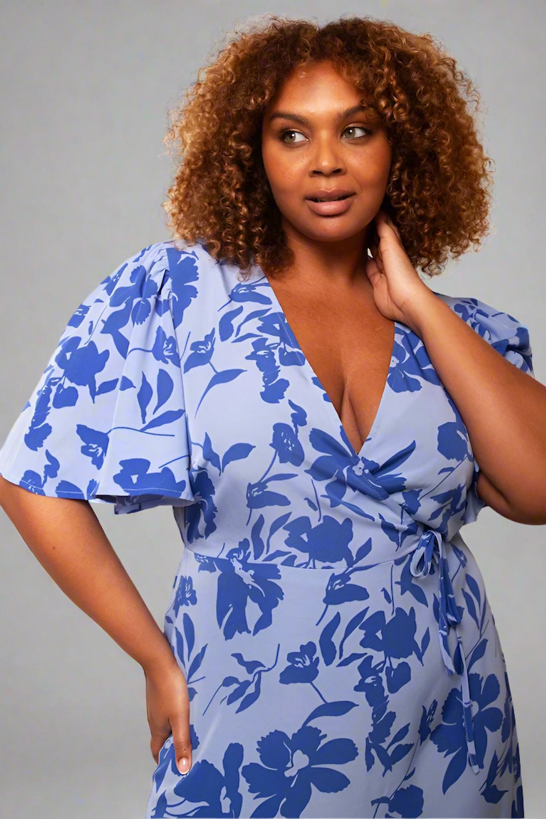 Needs No Label Blue Floral Wrap Midi Dress