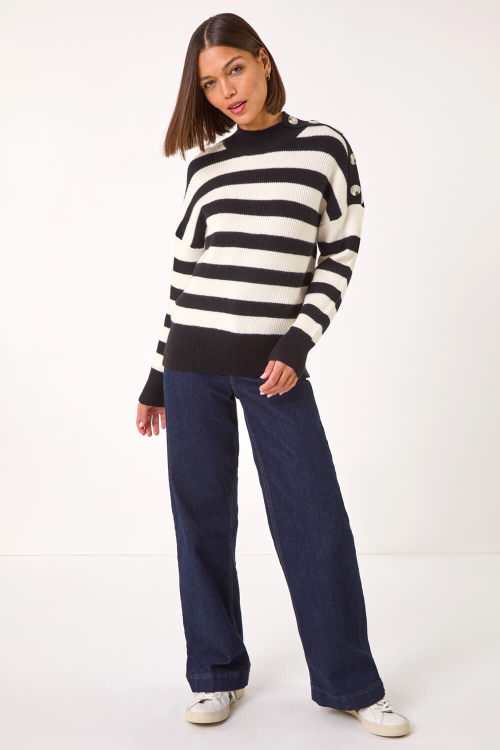 Roman Button Shoulder Stripe Knit Jumper