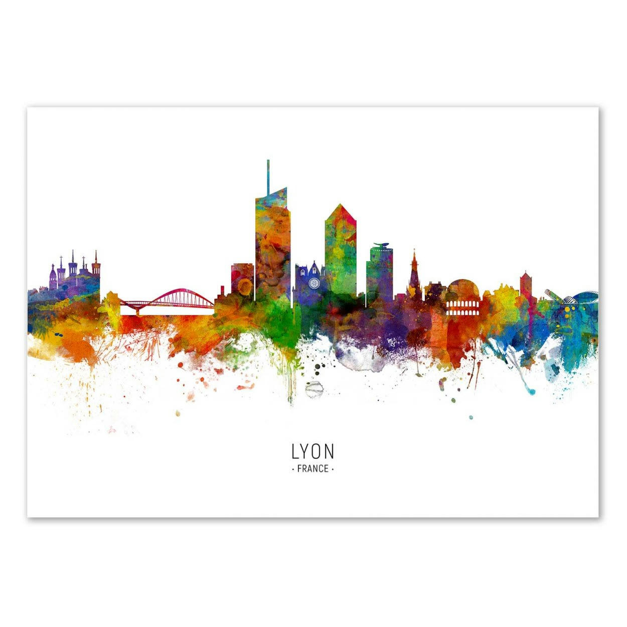 MICHAEL TOMPSETT - LYON FRANCE SKYLINE (COLORED VERSION) -  Affiche d'art 30 x 40 cm