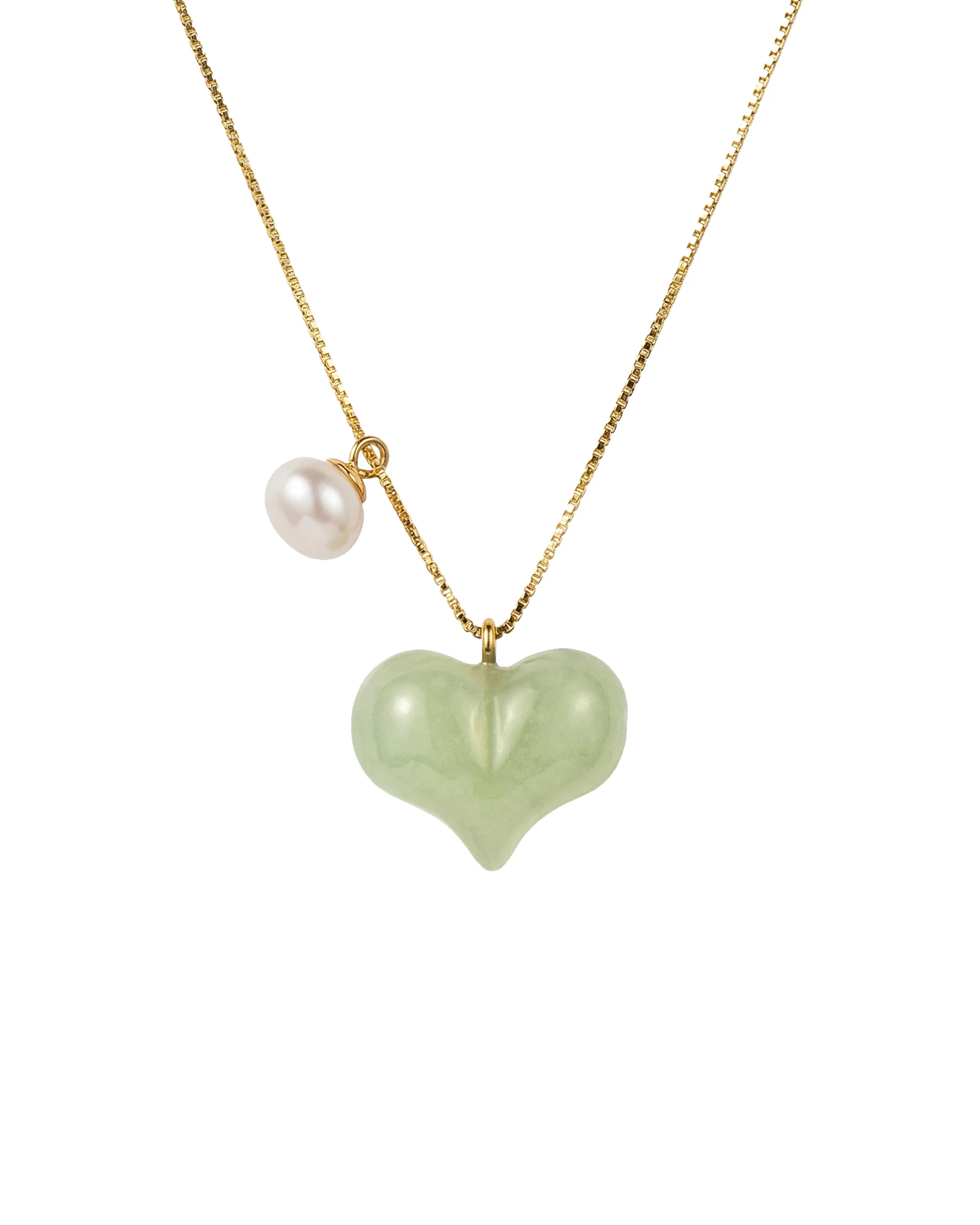 Puffed Heart — Green Jade & Pearl Pendant Necklace