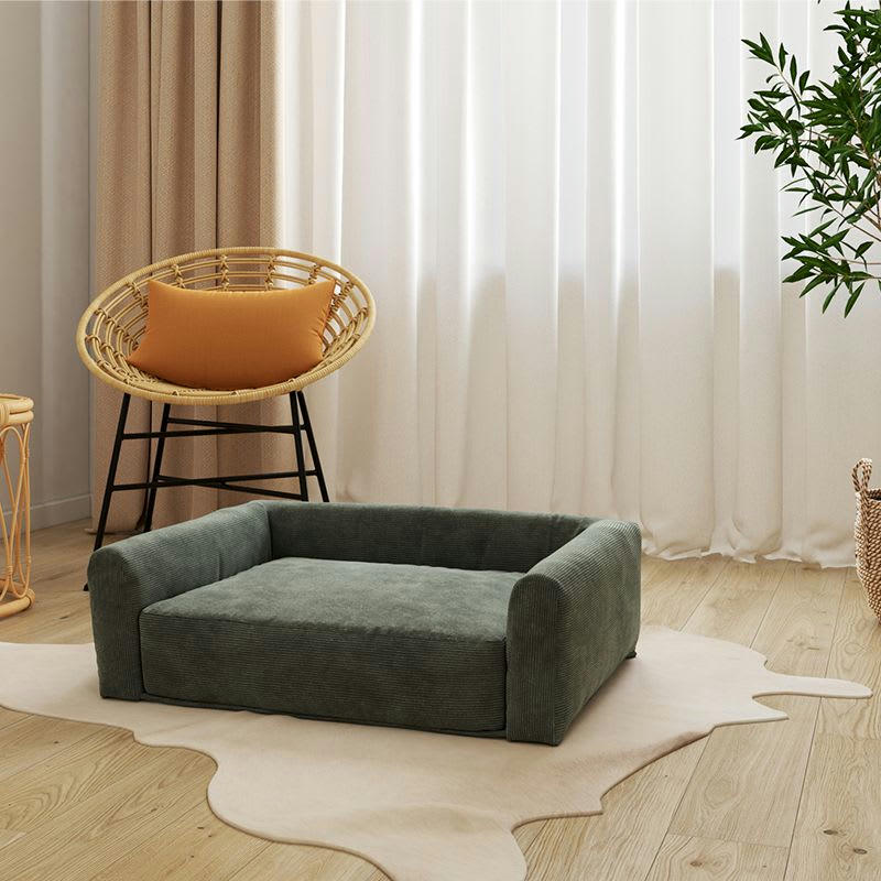 LEONARD - Panier pour chien en tissu velours côtelé vert taille m