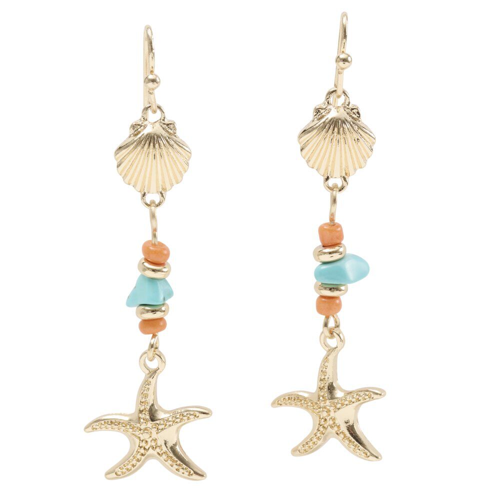 Boucles d'oreilles perles verre bleu et rouge et coquillage inox doré L3,5cm