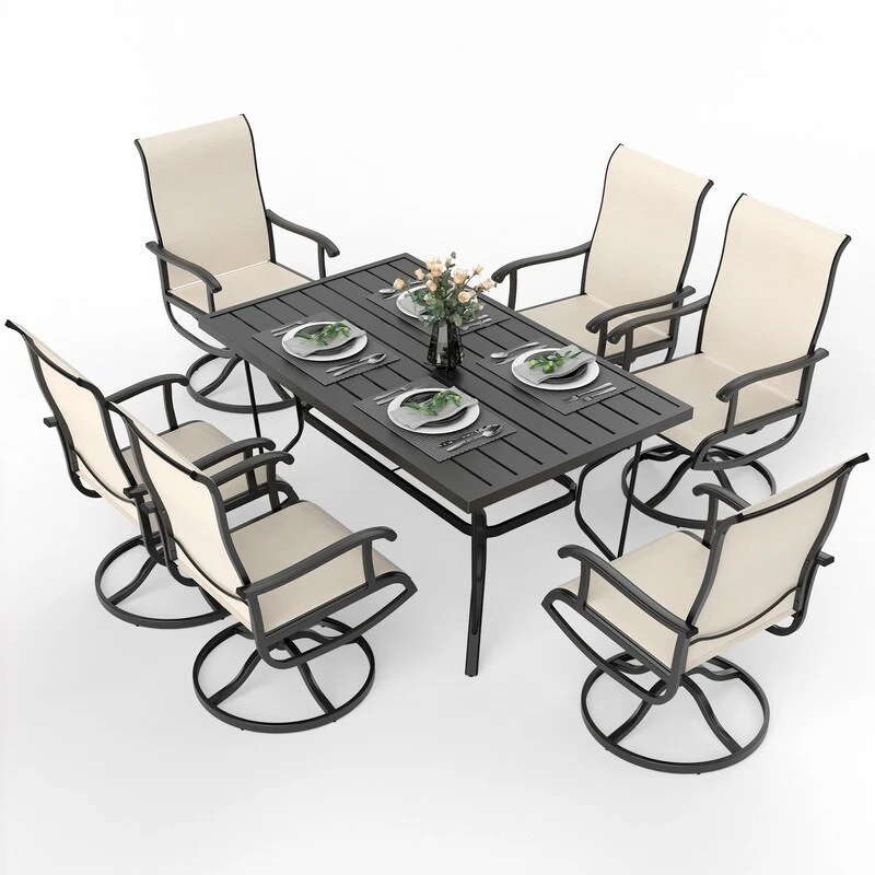 7-Piece Metal Outdoor Patio Dining Set with Rectangle Table and Textilene Swivel Chairs
