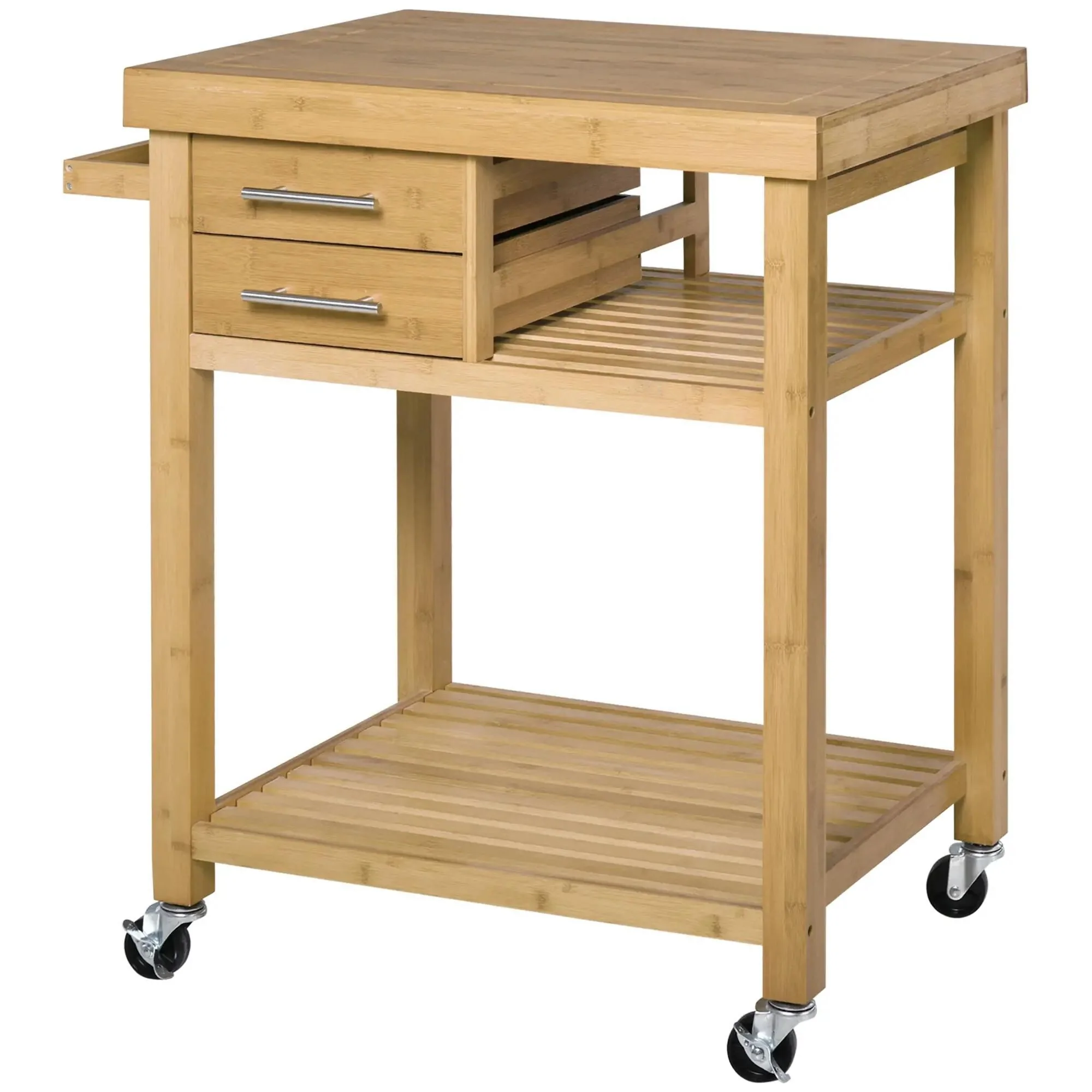 Bamboo Kitchen Island Cart on Wheels with 2 Drawers,Open Shelves