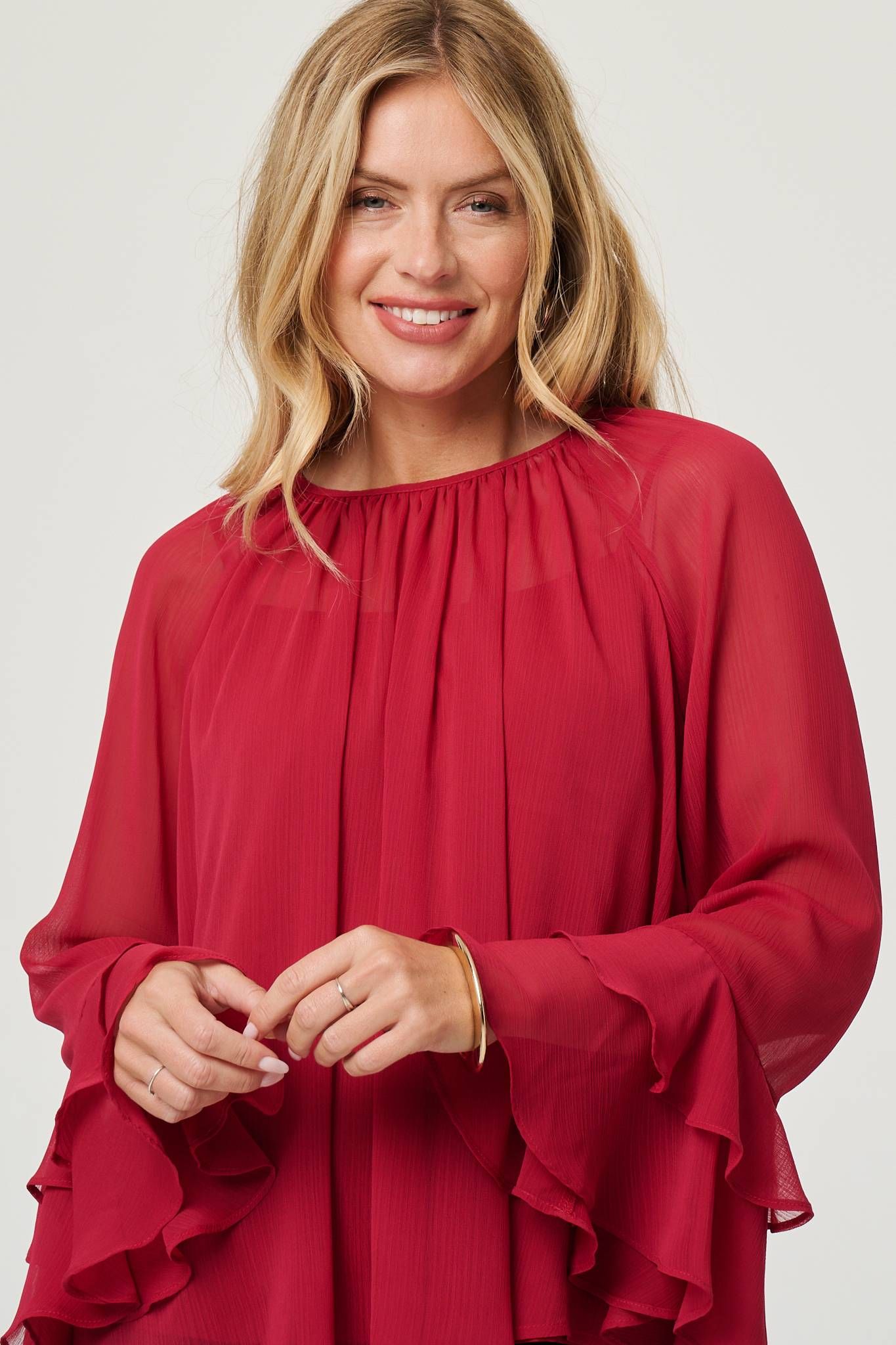 Izabel London Semi Sheer Long Sleeve Ruffled Blouse