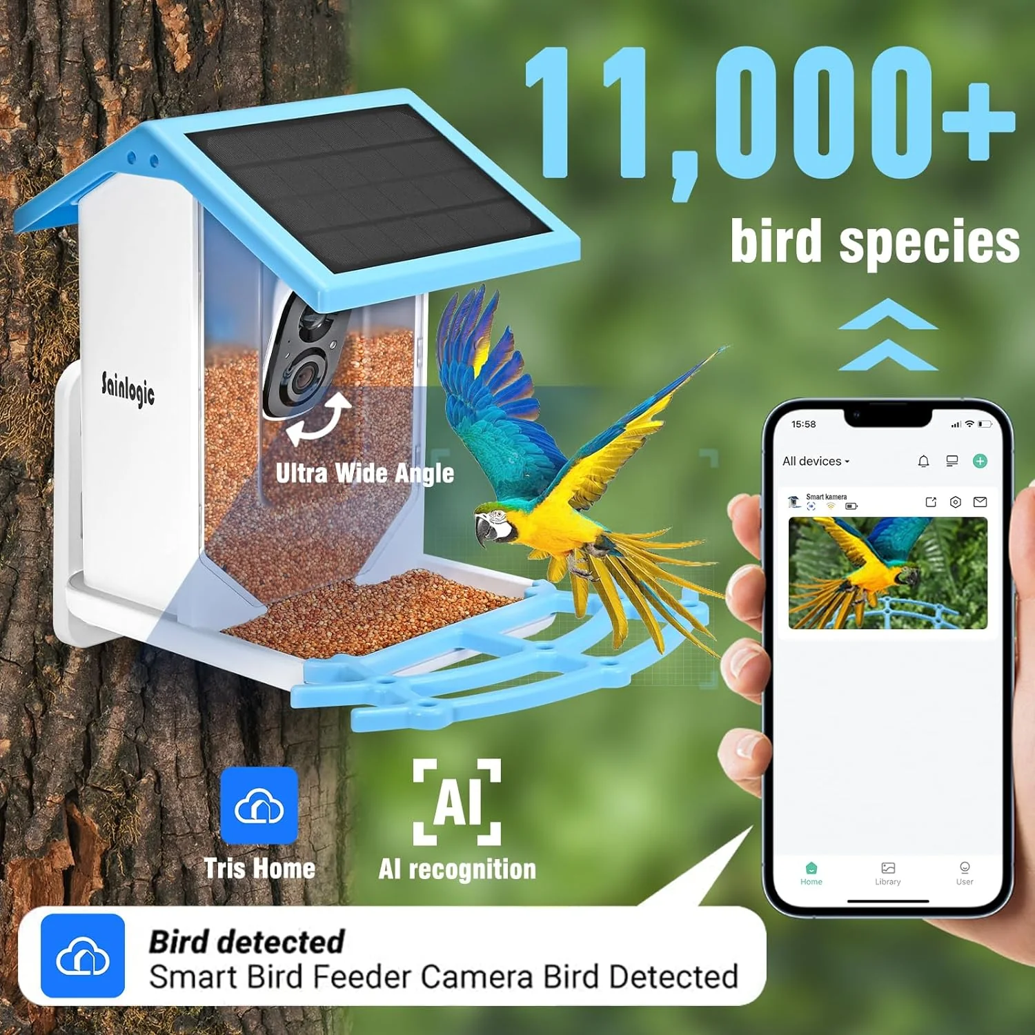 Smart Bird Feeder with 1080P HD Camera, Camera Bird Feeder Identify Bird Species with 2 Solar Panels, Video Bird Feeder with WiFi  Motion Detection, Smart Bird Feeders as Gifts(Light Blue)(Peacock Blue)