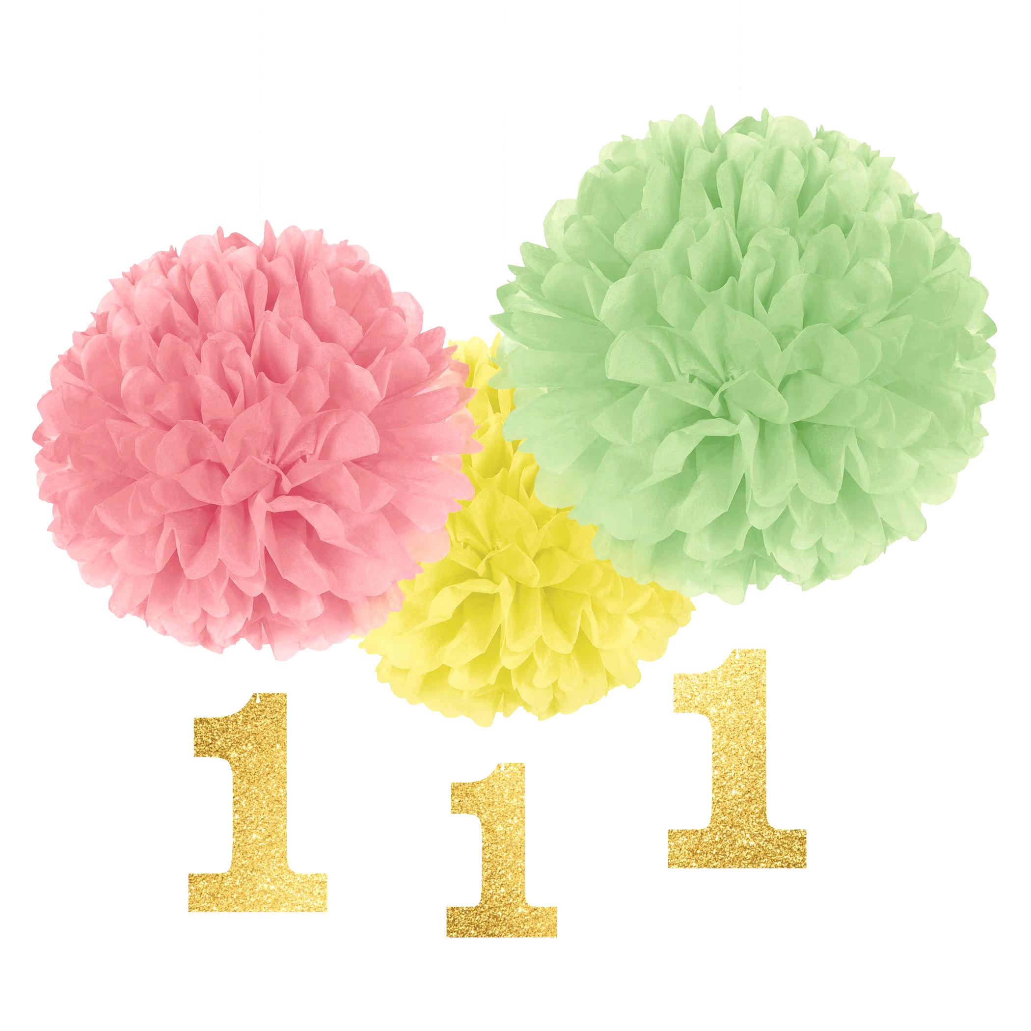 1st Birthday Tissue Pom Pom Party Decorations, Pink/Yellow/Green with Gold Glitter 