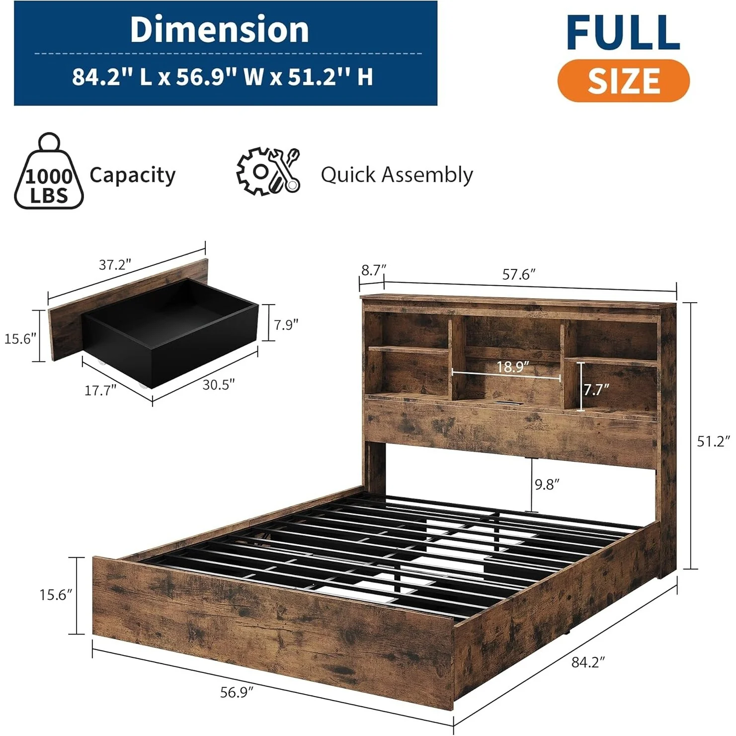 Bed Frame with High Storage Bookcase Headboard, 4 Storage Drawers, Built In Charging Station