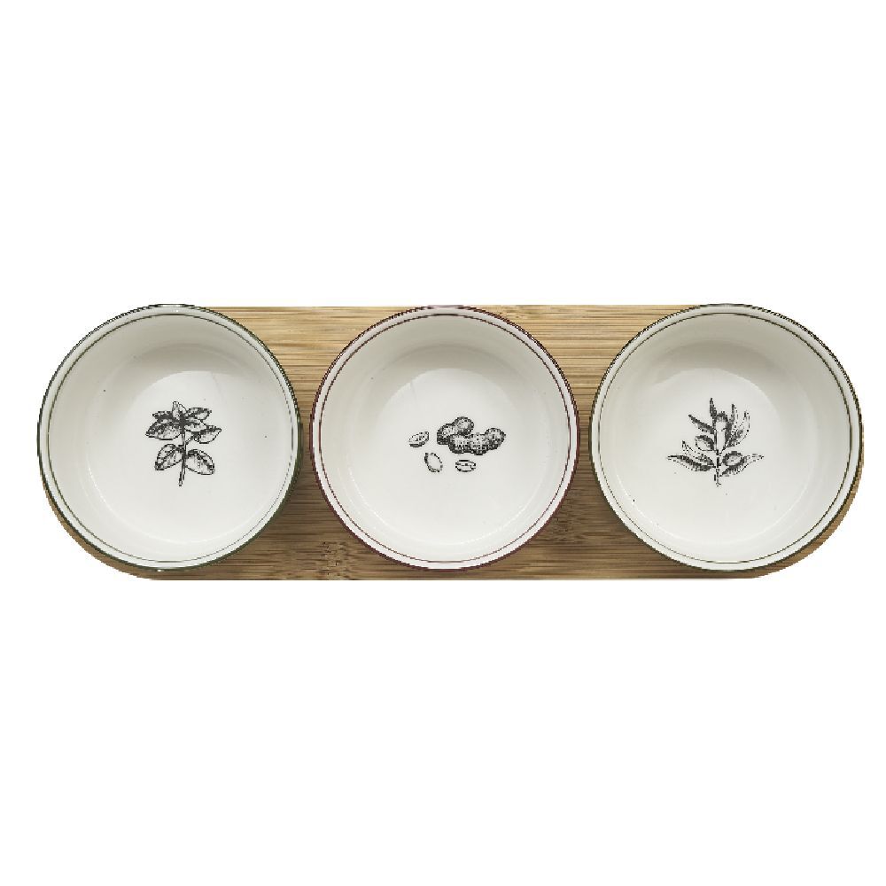 Set apéritif coupelle porcelaine x3 et support bambou