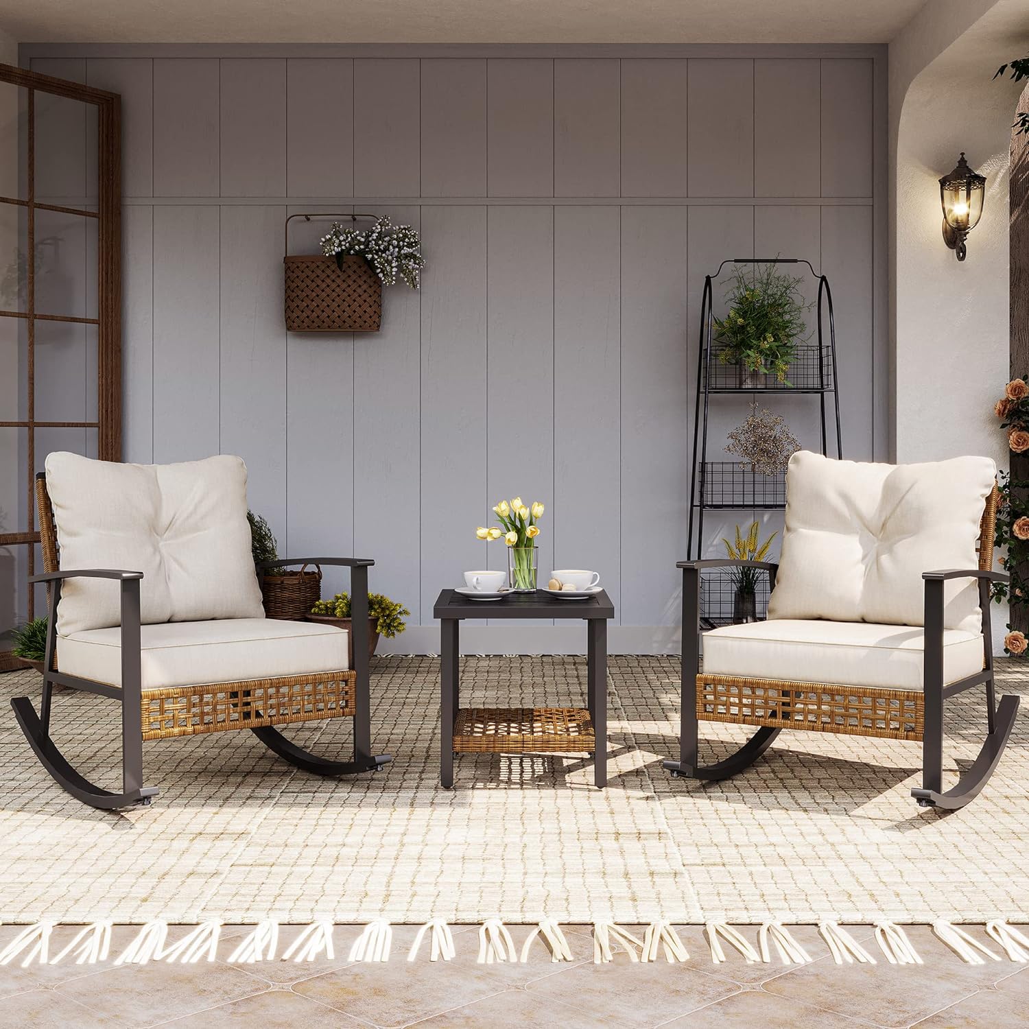 LAUSAINT HOME 3-Piece Rocking Bistro Set  Outdoor Patio Furniture with Thick Cushions and 2-Tier Coffee Table  Oversize Rattan Conversation Set for Garden  Balcony  Backyard (Beige)