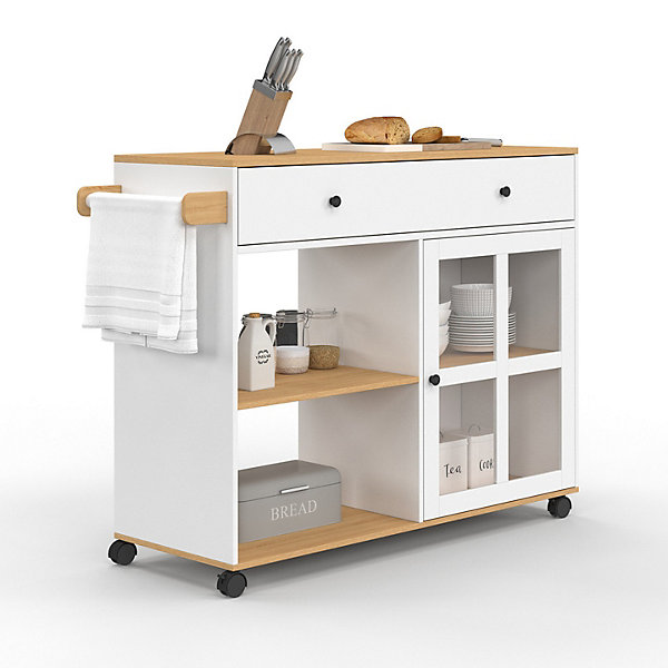 Desserte de cuisine ACHILLE XXL avec étagère et placard vitré bois et blanc L.100 CM