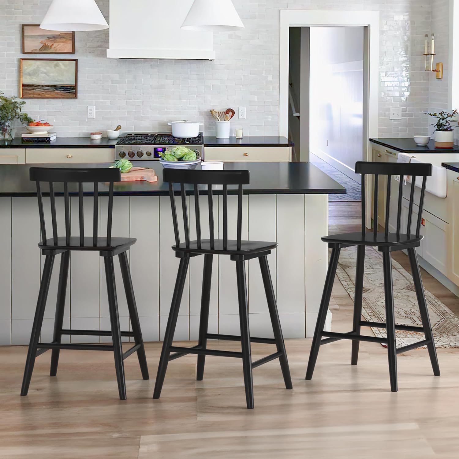 LUE BONA Windsor Wooden Bar Stools Set of 3 for Kitchen Island, Farmhouse 24 Inch Counter Height Stools Chairs with Spindle Back, Black