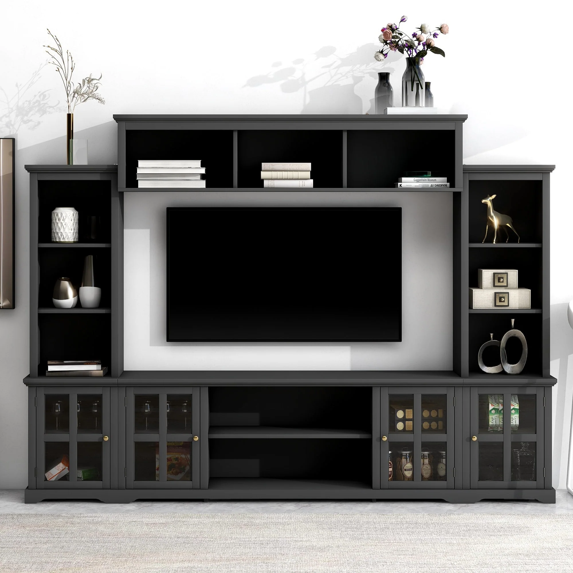 Black Entertainment Wall Unit with Bridge, Tempered Glass Doors for TVs Up to 70