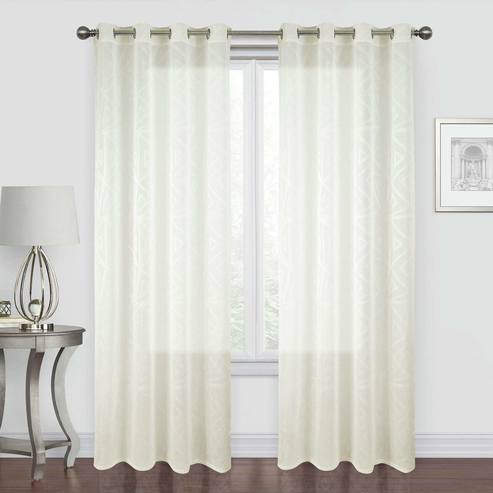 - Paire de voilages aux motifs triangles polyester ecru 140x260 cm