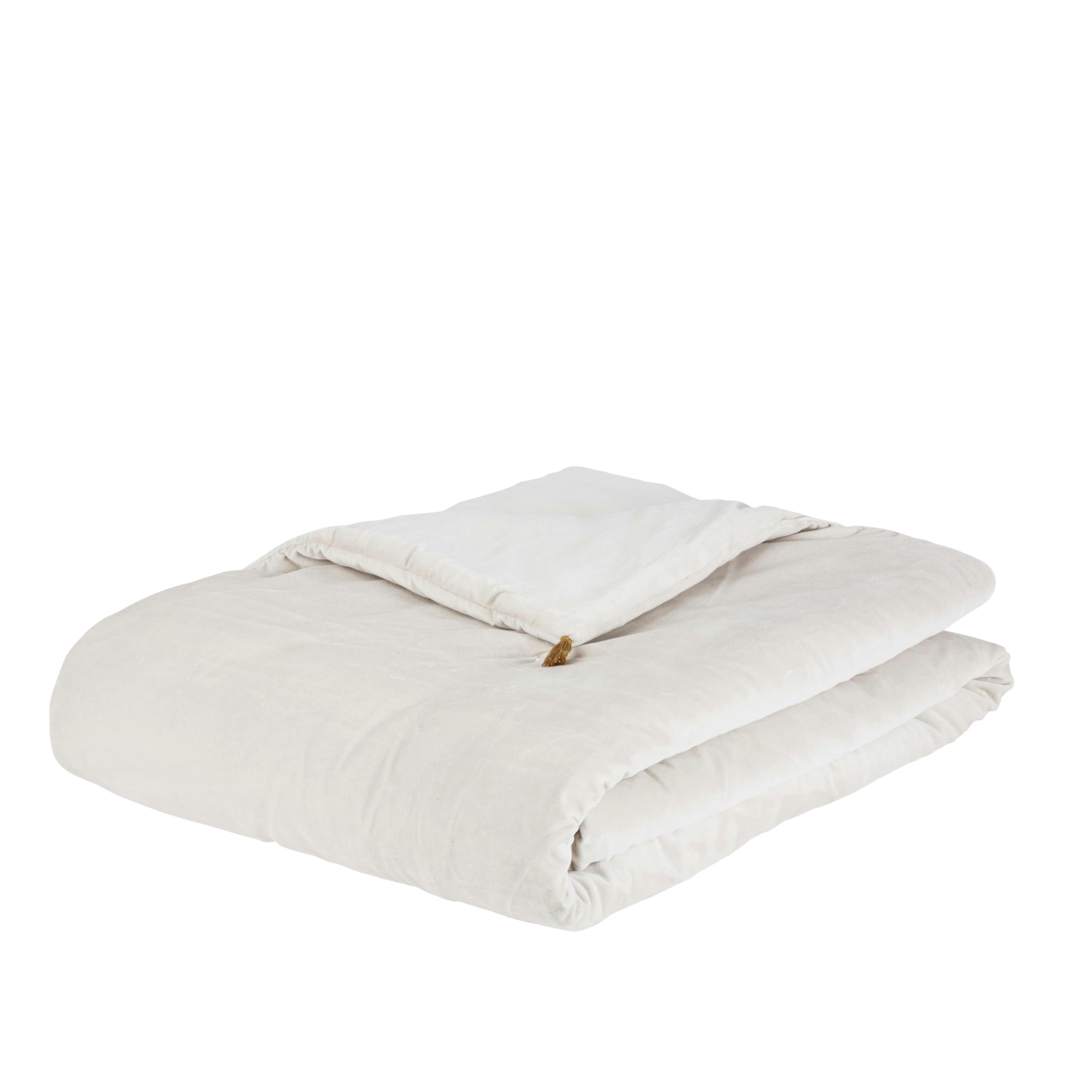 - Boutis en velours de coton beige à pompons coloris bronze 100x200