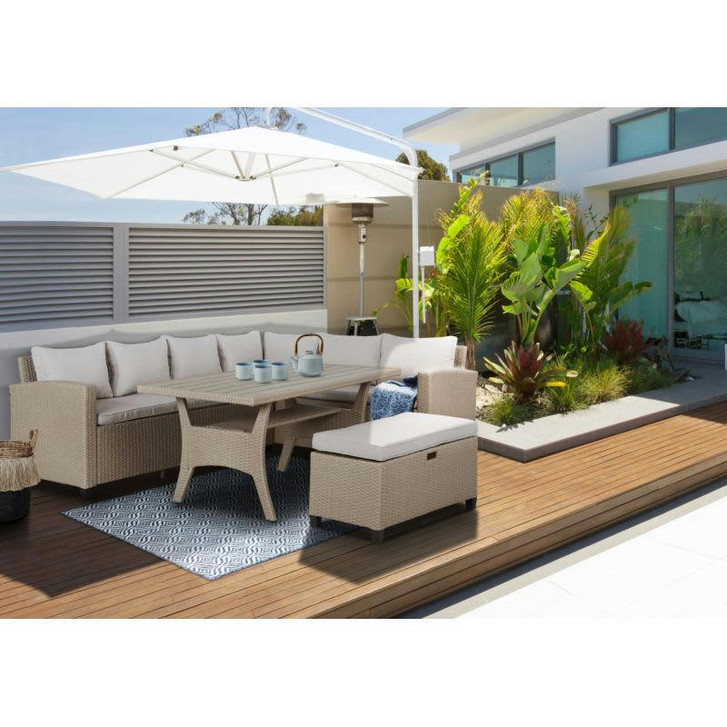 MELROSE - Salon de jardin en résine tressée 7 places coussins beige