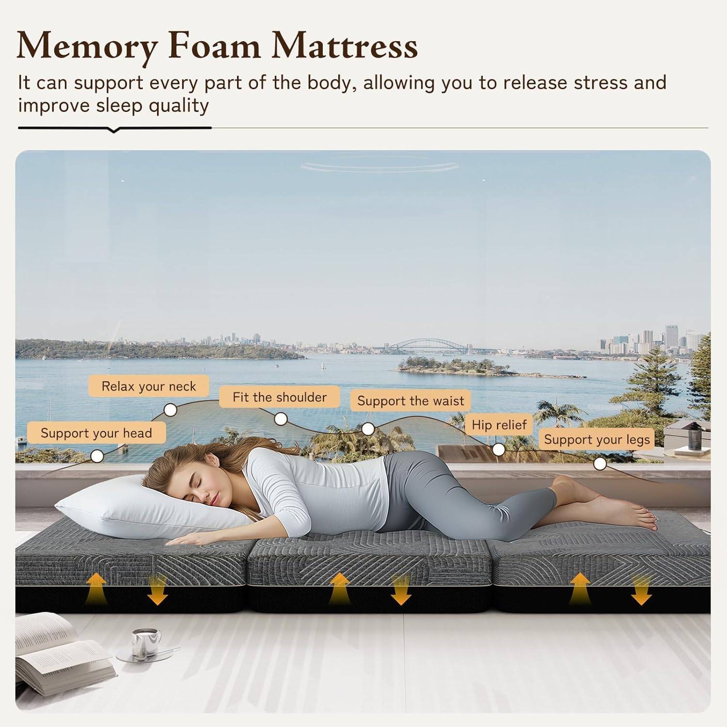 Tri Folding Mattress Queen Size - Memory Foam Tri-fold Handle & Non-Slip Bottom, Portable Foldable Sofa Bed Floor Chair for Travel RV Camping Guest Yoga - 6 Inch, 78x58x6