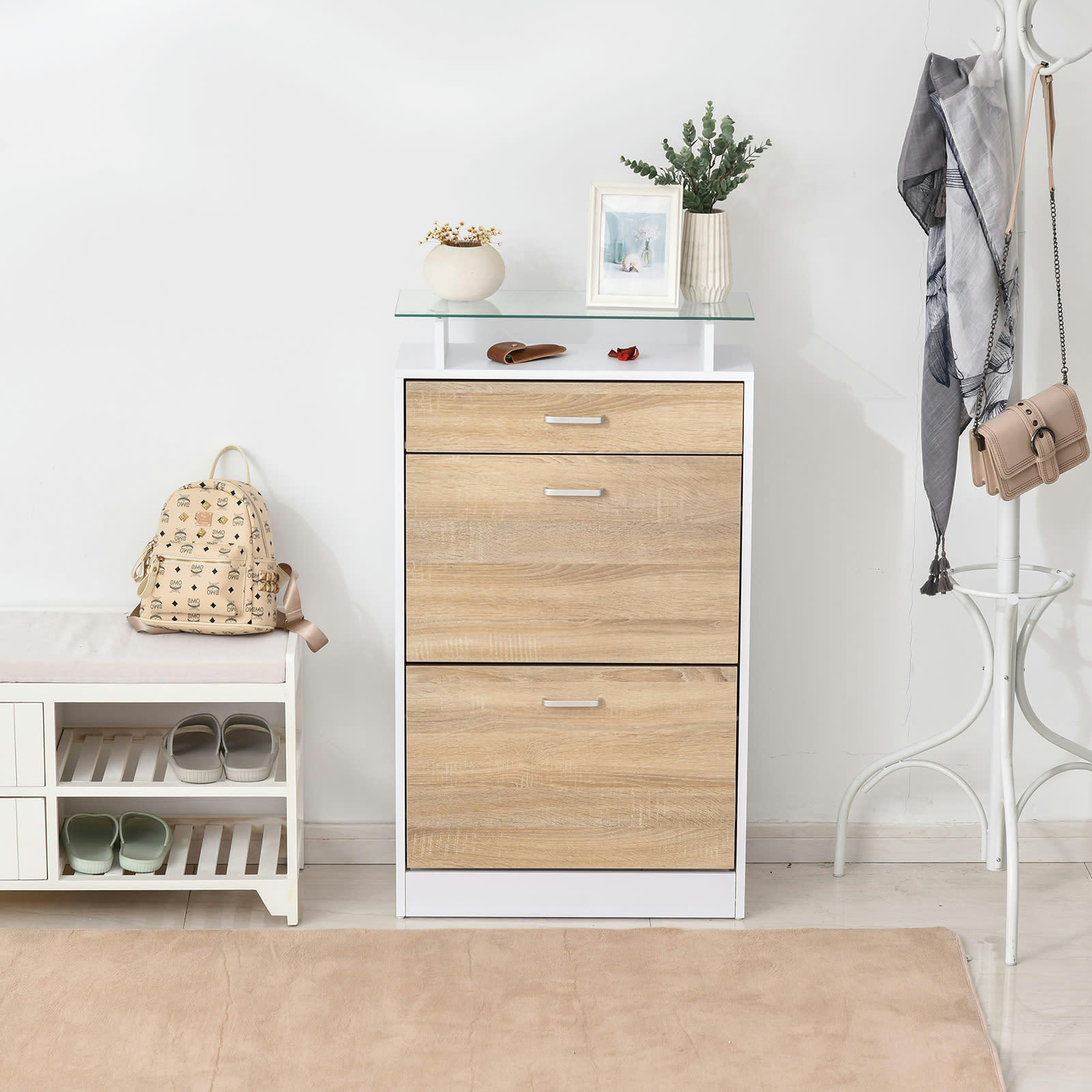 - Armoire à chaussures 2 portes tiroir étagère verre chêne blanc