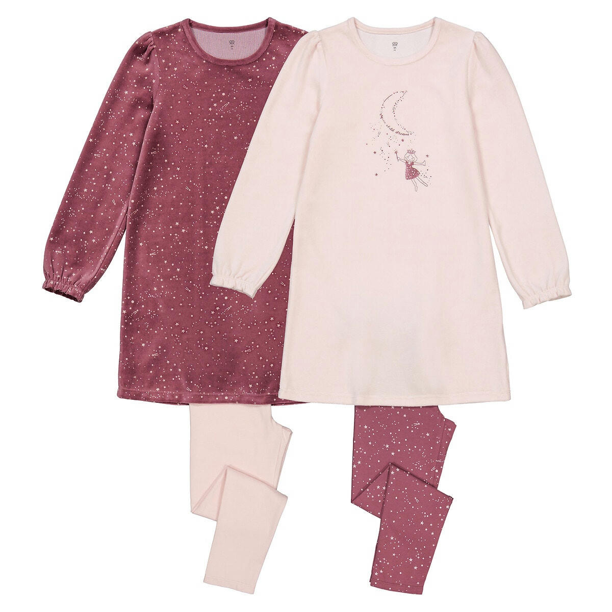 Lot de 2 pyjamas en velours, étoiles et princesse