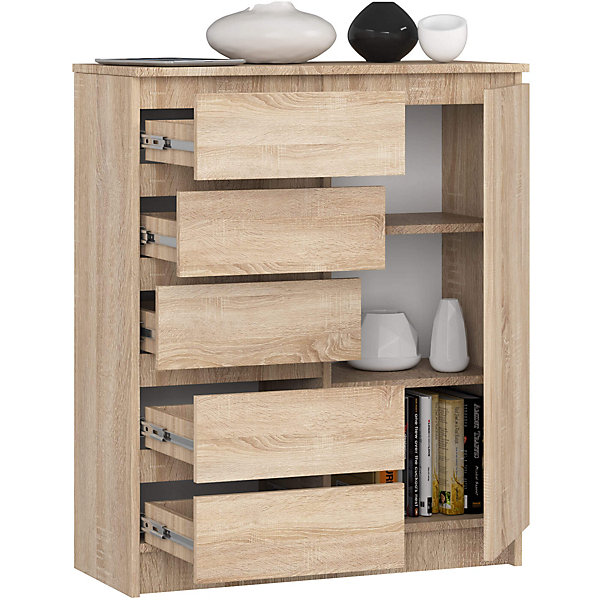 Commode AKORD K80 Chêne Sonoma 80 cm 1 porte 5 tiroirs 3 étagères 80x35x97 cm