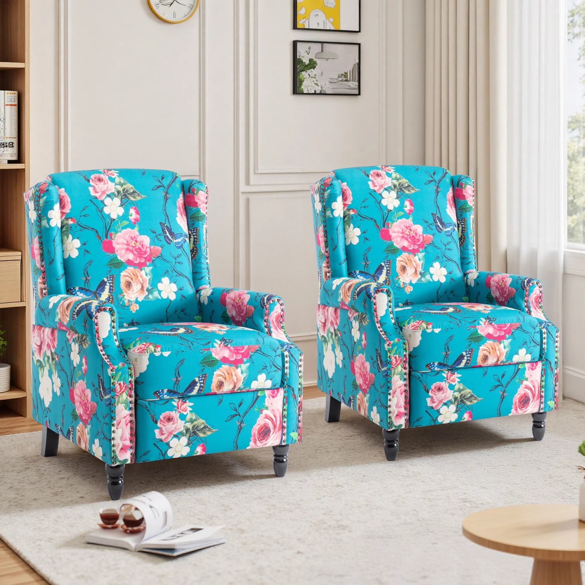 Floral Linen Manual Recliner Chair with Footrest set of 2