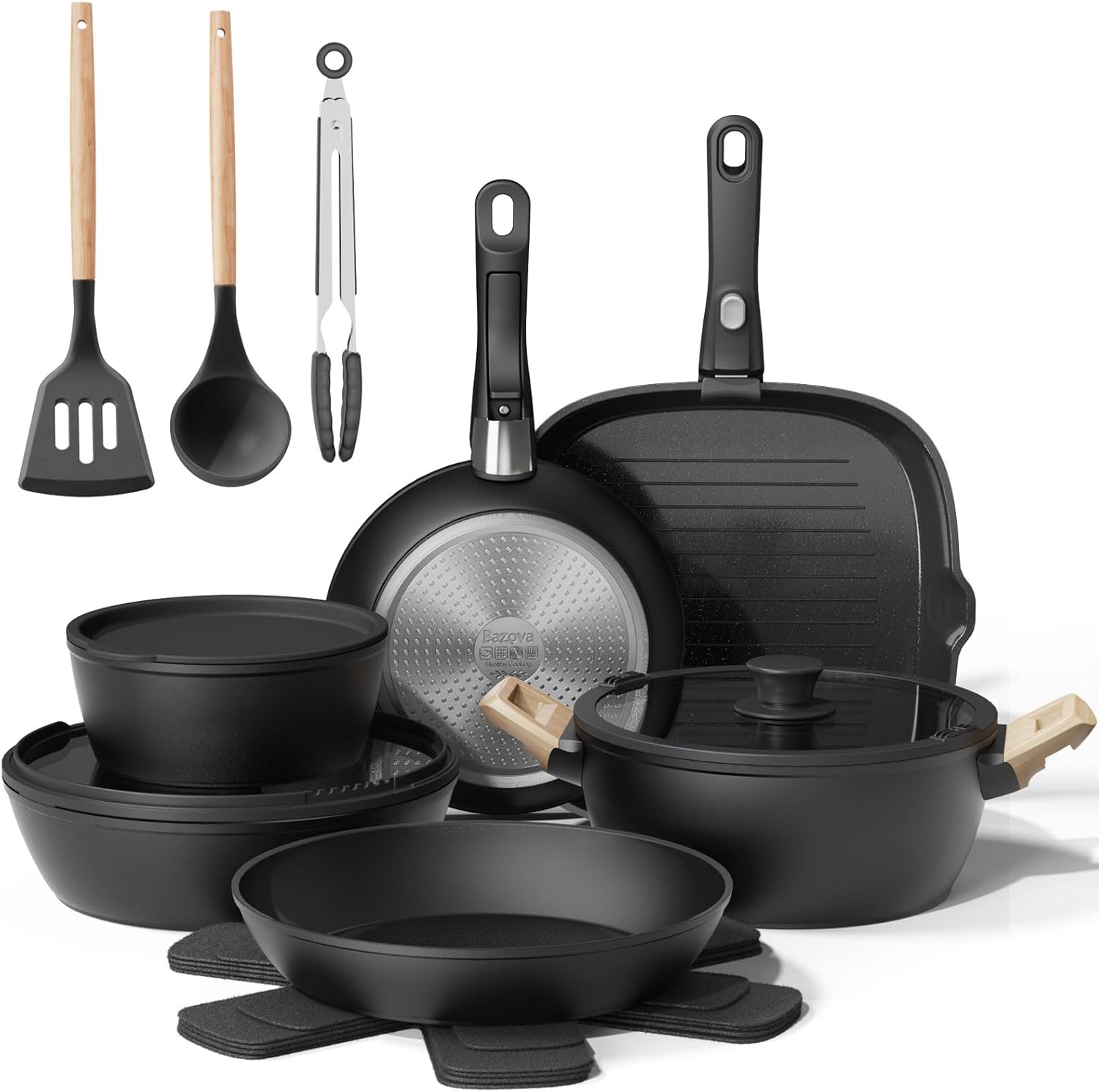 Bazova 19 Pcs Pots and Pans Set Non Stick Ceramic Cookware Set with Removable Handles, Non Toxic Induction Kitchen Cookware Sets RV Cookware,Dishwasher/Oven Safe PFAS/PTFE/PFOA Free,Black