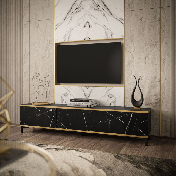 Szafka RTV OXFORD 175 cm marmur black royal czarne nóżki