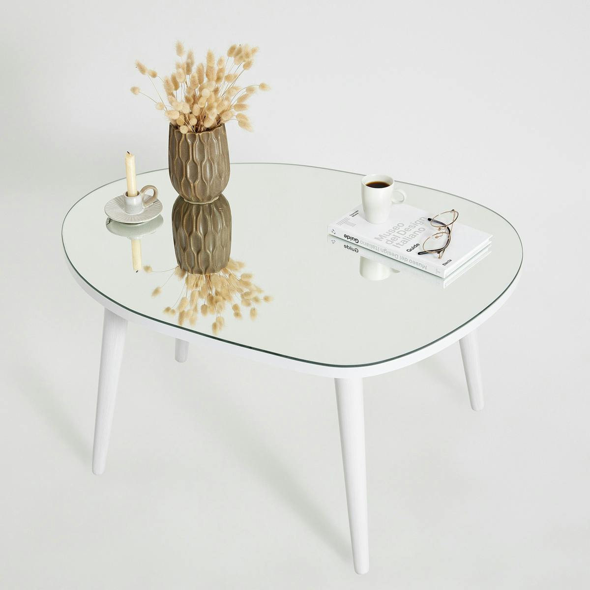 Table basse miroir forme organique pieds blancs TULUM