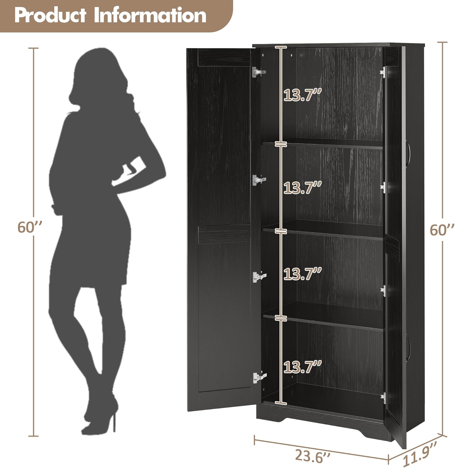 IDEALHOUSE Tall Pantry Cabinet, 60 Kitchen Pantry Storage Cabinet with 2 Doors and Adjustable Shelves, Freestanding Kitchen Cabinet, Cupboard for Dining Room, Bathroom, Antique Black