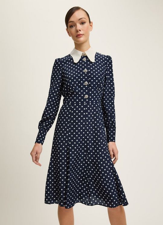 Mathilde Navy & Cream Polka Dot Silk Tea Dress