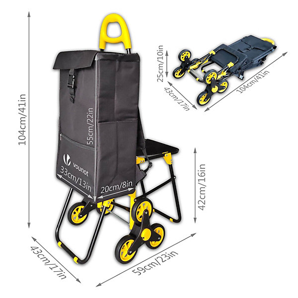 Chariot de courses pliable avec siege Jaune VOUNOT