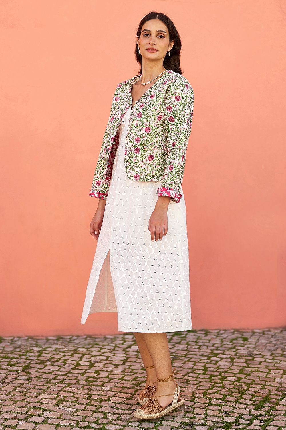 Yumi White Floral Reversible Cotton Quilted Jacket