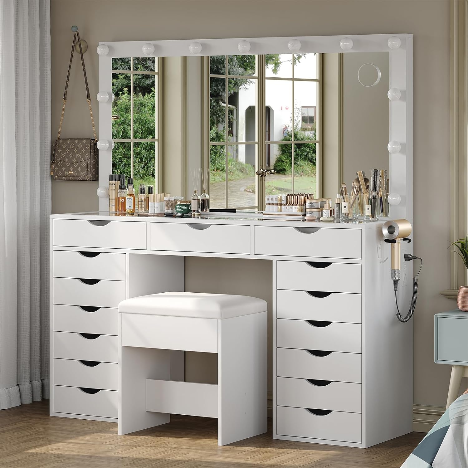 Vanity Desk with Mirror and Lights, Makeup Table with Charging Station, 3 Color Lighting Modes, 15 Drawers Dressing Table, Vanity with Chair for Bedroom, White
