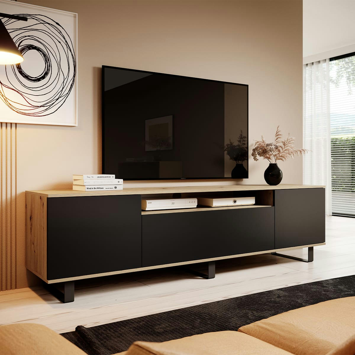 - Meuble TV 3 portes 200 cm stratifiés, métal naturel et noir