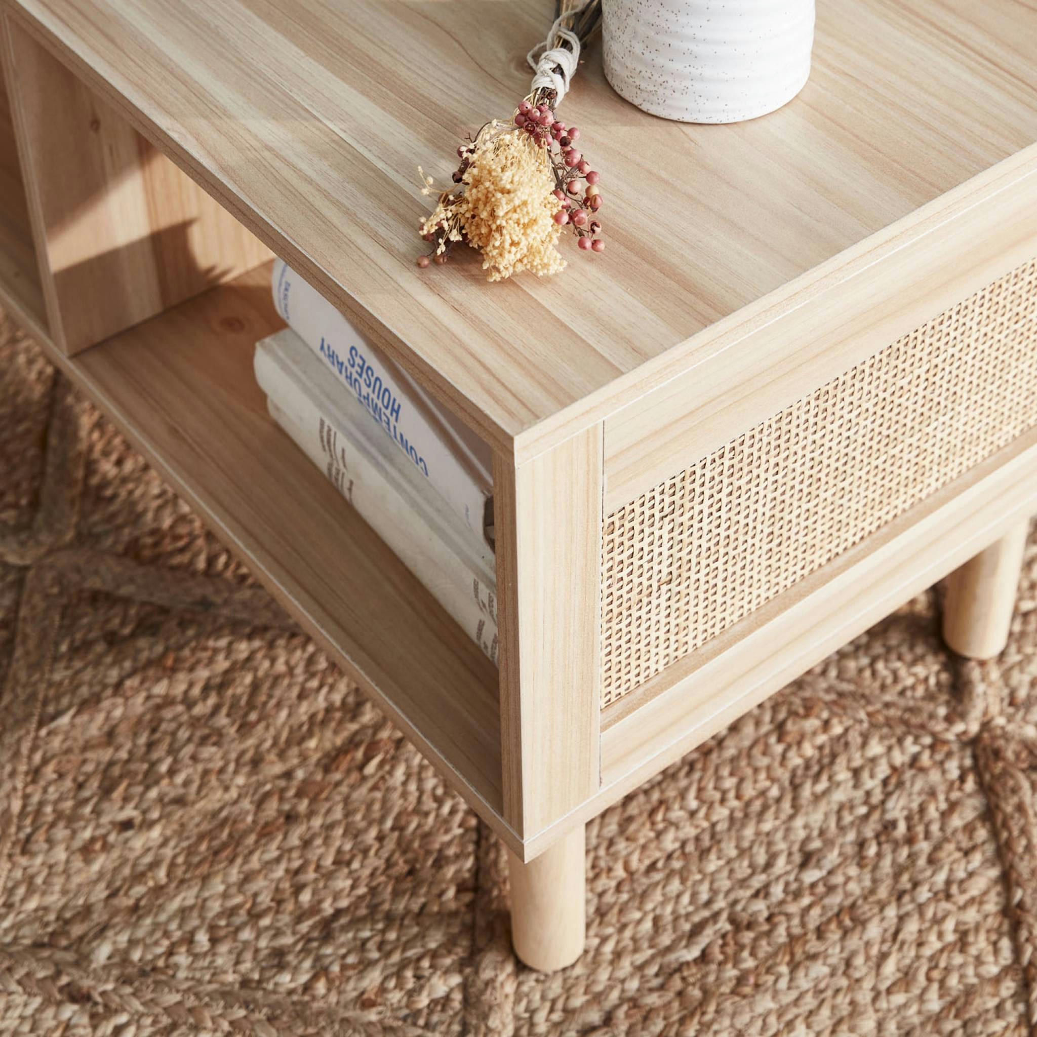 CAMARGUE - Table basse en cannage - 2 compartiments, 80x40x40cm