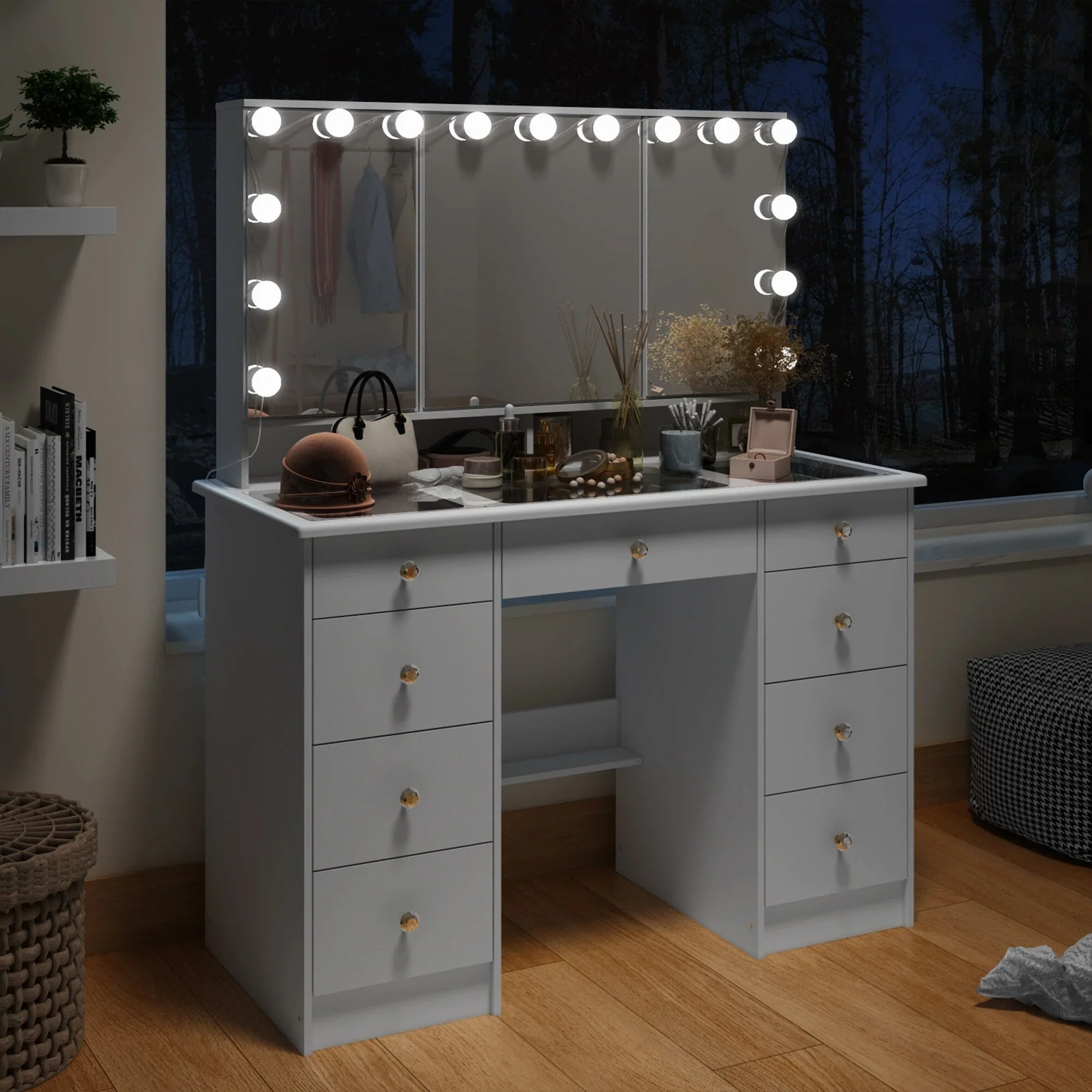 Makeup Vanity with Tri-Fold Mirror, Certified Lighting  Glass Top Dresser(White)