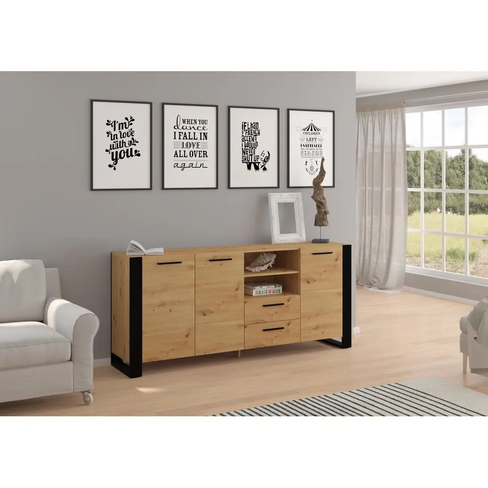 NUKA D dressoir 197 cm zwart artisan eiken