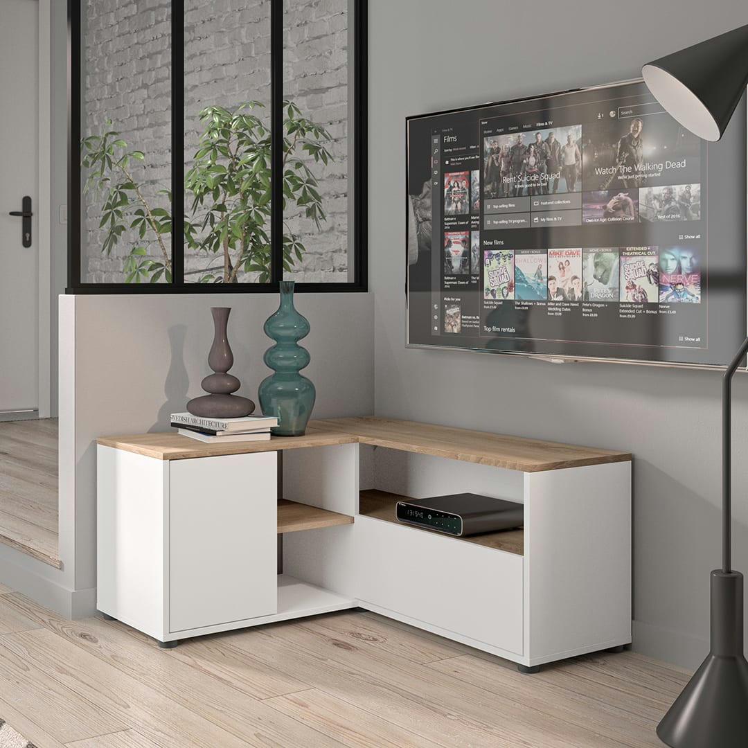 ANGLE - Meuble TV effet bois blanc et chêne naturel