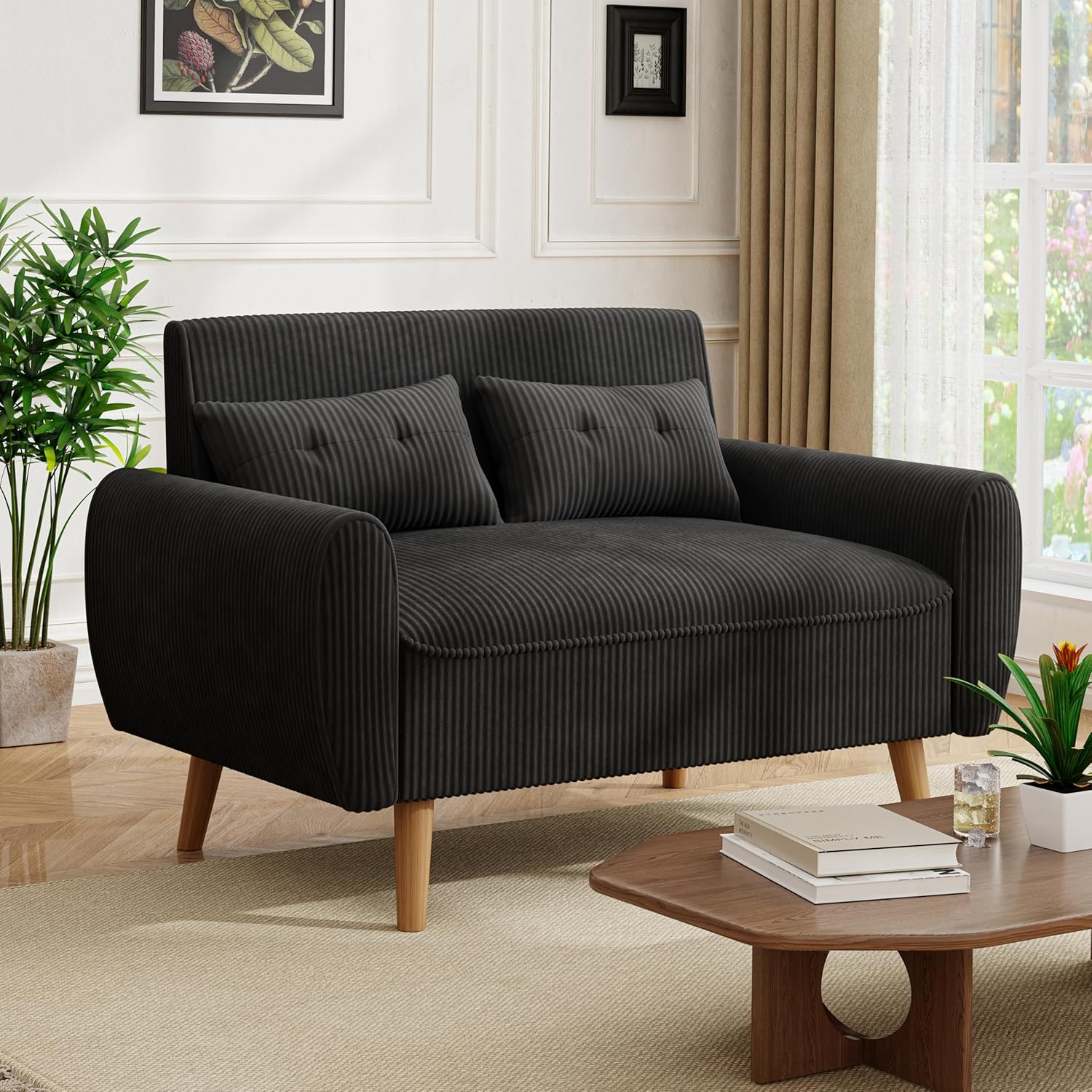 JAMFLY 47'' Small Loveseat Sofa, 2 Seat Compact Couch with Tapered Legs, Black Upholstered Furniture, Solid Wood Frame, Comfy Foam Cushion, Easy Assembly for Small Spaces