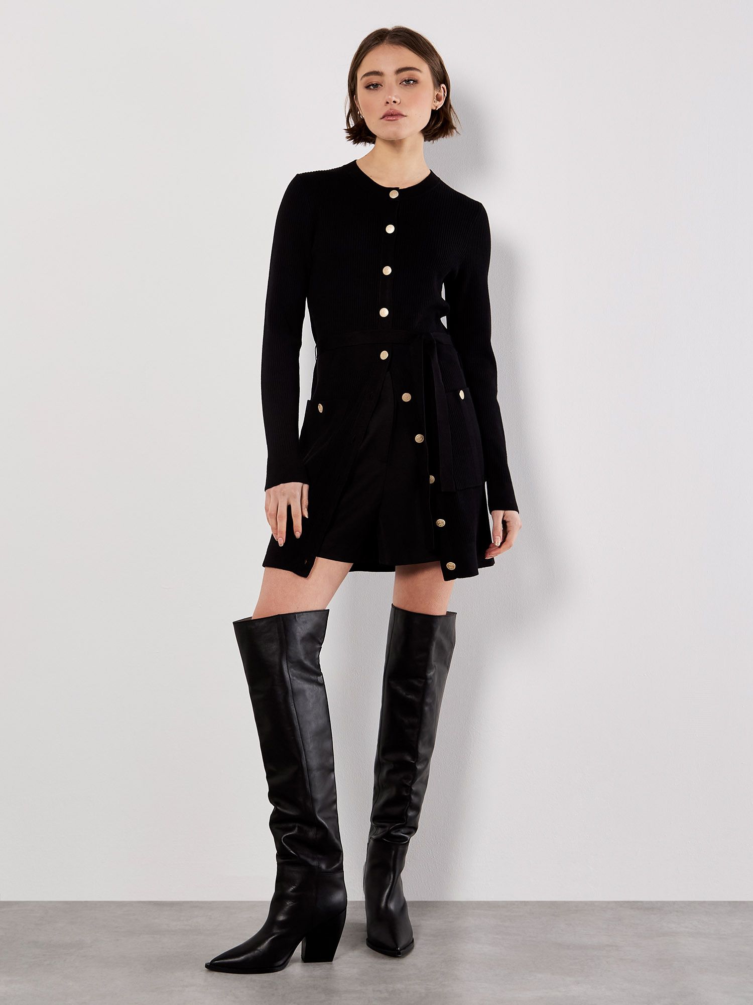 Apricot Ribbed Knit Button-Down Mini Dress
