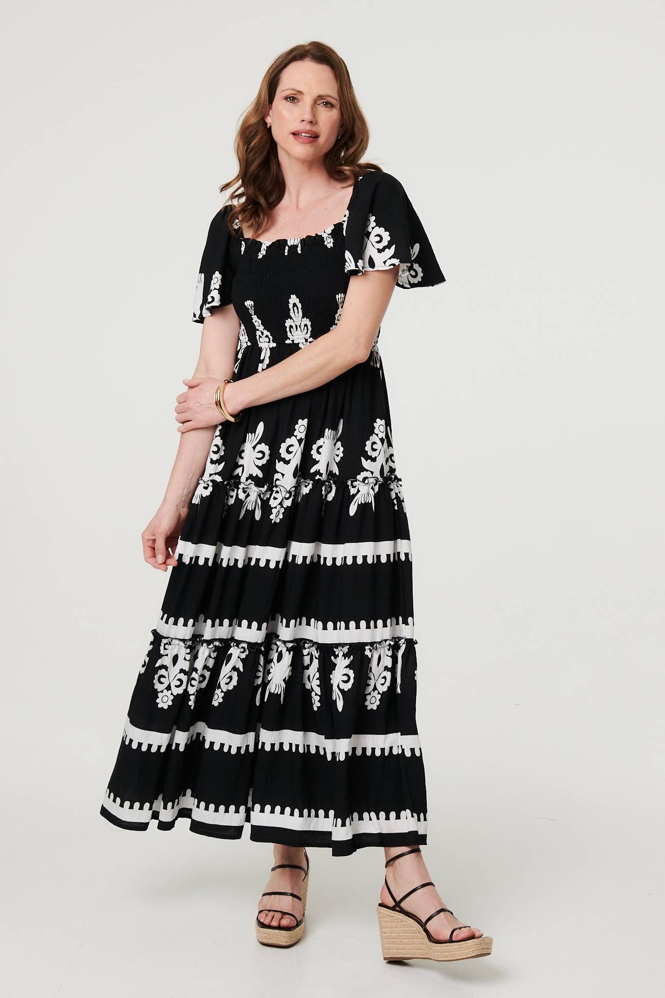 Izabel London Ikat Print Short Angel Sleeve Maxi Dress