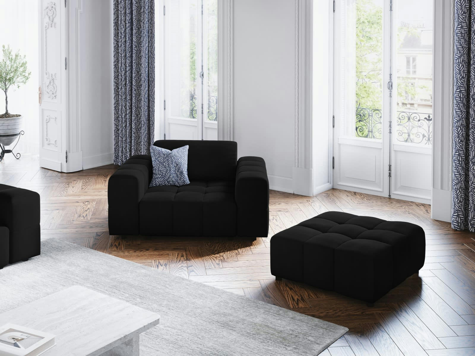 LUC - Pouf en tissu velours noir