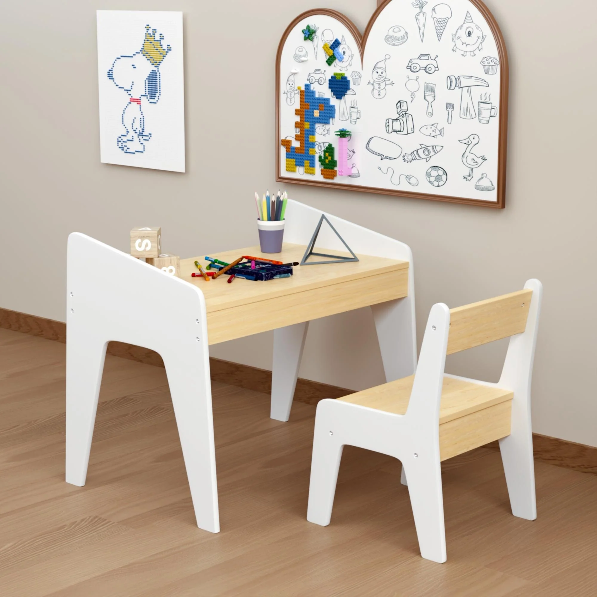 Kids Table Set with One Chair, Wooden Children Study Table, 2-8 Age Kids Funiture