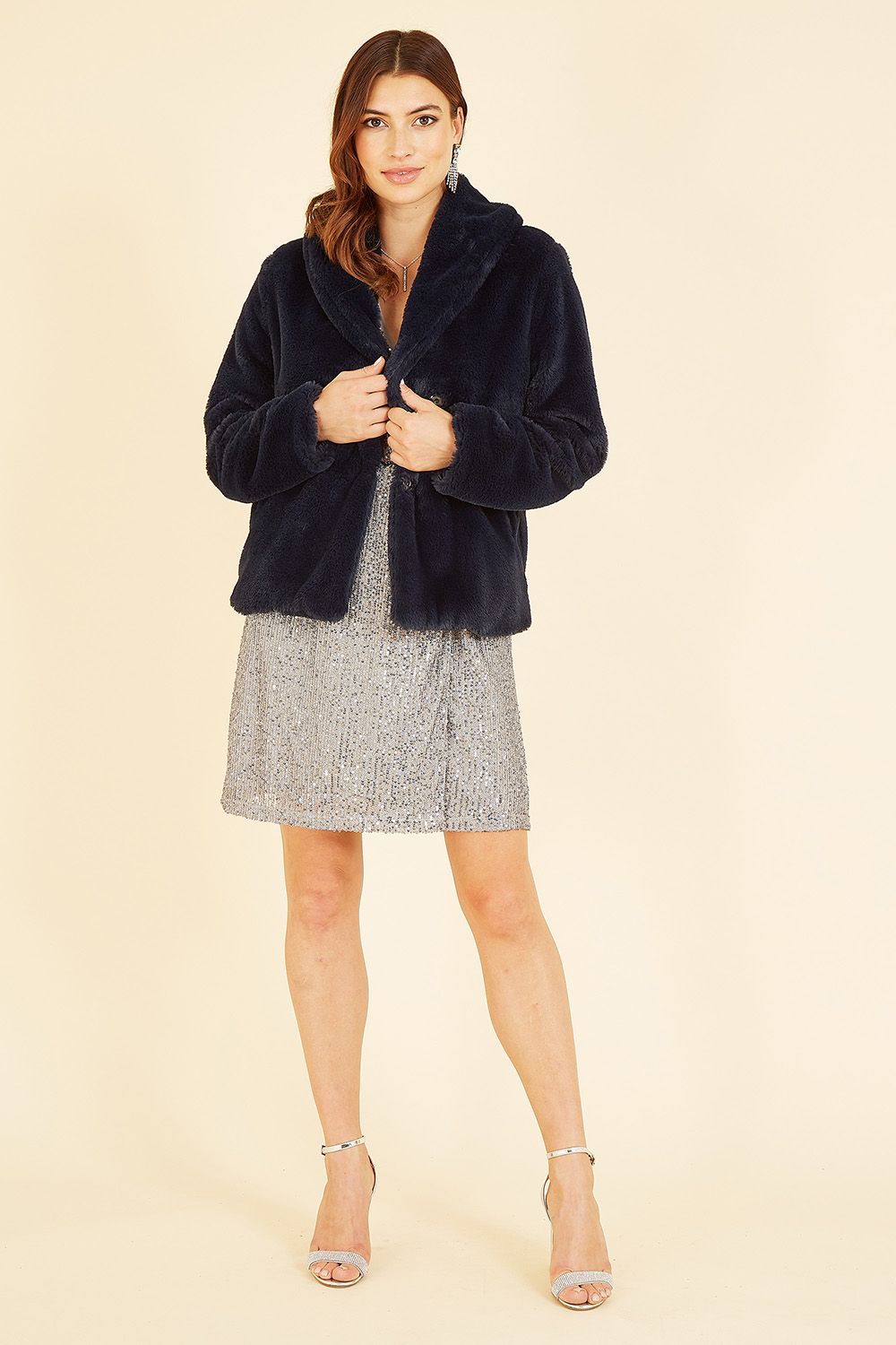 Yumi Navy Short Wrap Faux Fur Coat