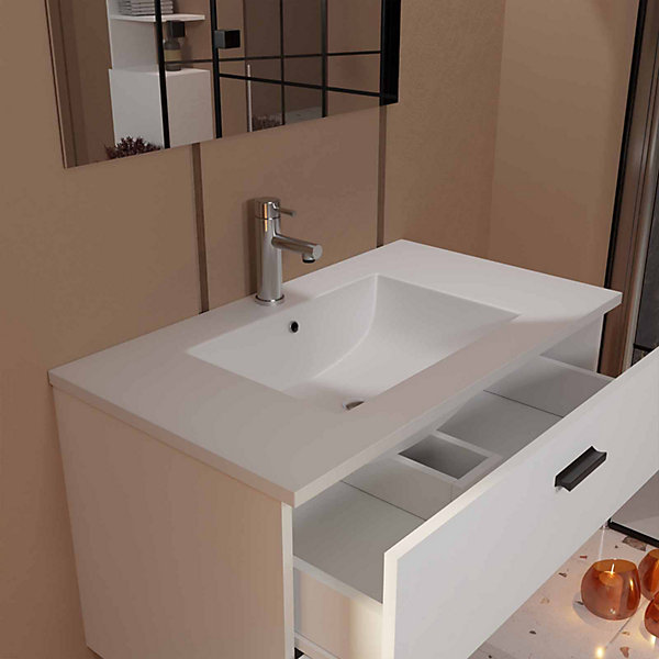 Meuble salle de bains 80 cm 2 Tiroirs Blanc avec Vasque blanche, miroir et applique Led - BOX LED