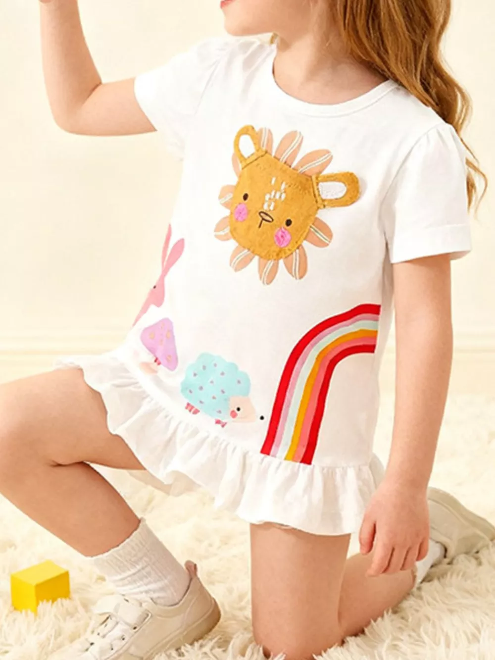 Children's Cartoon Animal Graphic Ruffle Hem T-Shirt