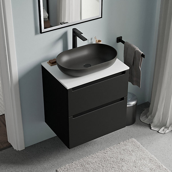 Meuble sous vasque suspendu MDF Noir mat, plan vasque Blanc mat, tiroirs pivotants - 60x46x62cm - VIREO